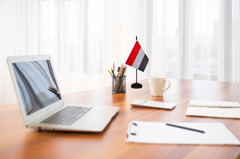 tibijoy Yemen Yemeni Small Mini Desk Flag Set Miniature Yemen Yemeni Table Office Flag with 13" Black Pole, Black Base, Miniature Yemen Deluxe Desktop Flag(2 Pack) - Image 4